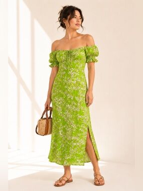 Faithfull the Brand Evelyn Midi Nap Dress Milkmaid Floral Lime Dopamine Sz XS